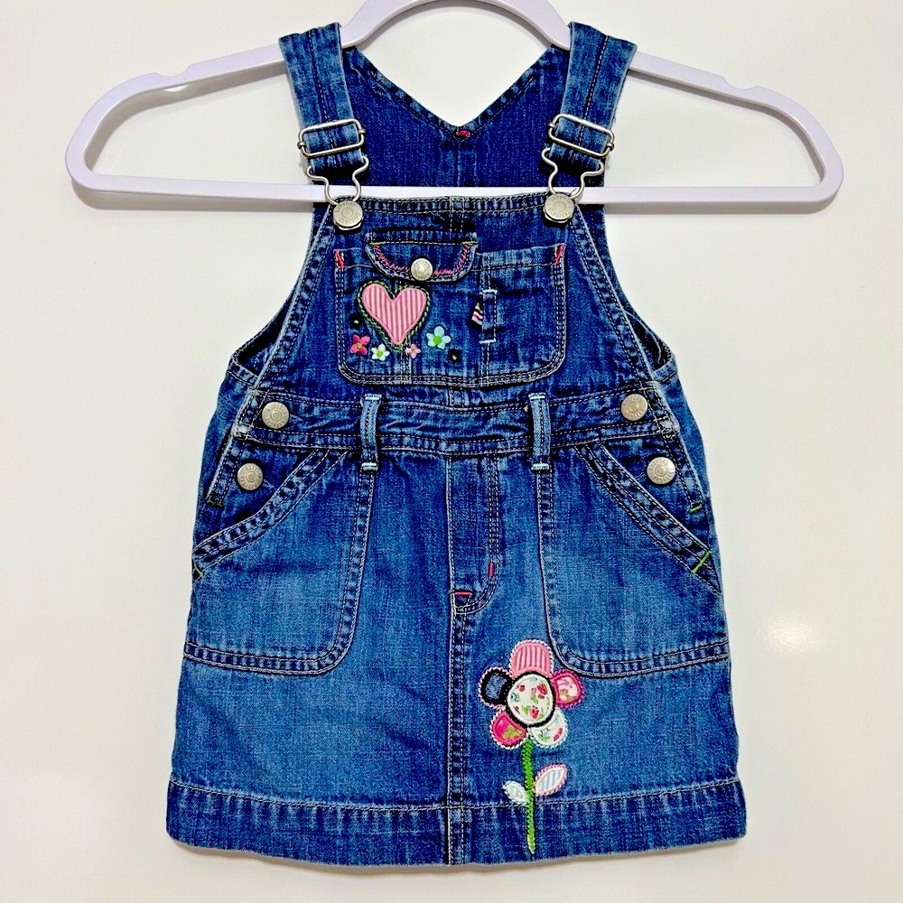 GAP Flower Embroidered Denim Adjustable Jumper Overall Dress Size 12 18